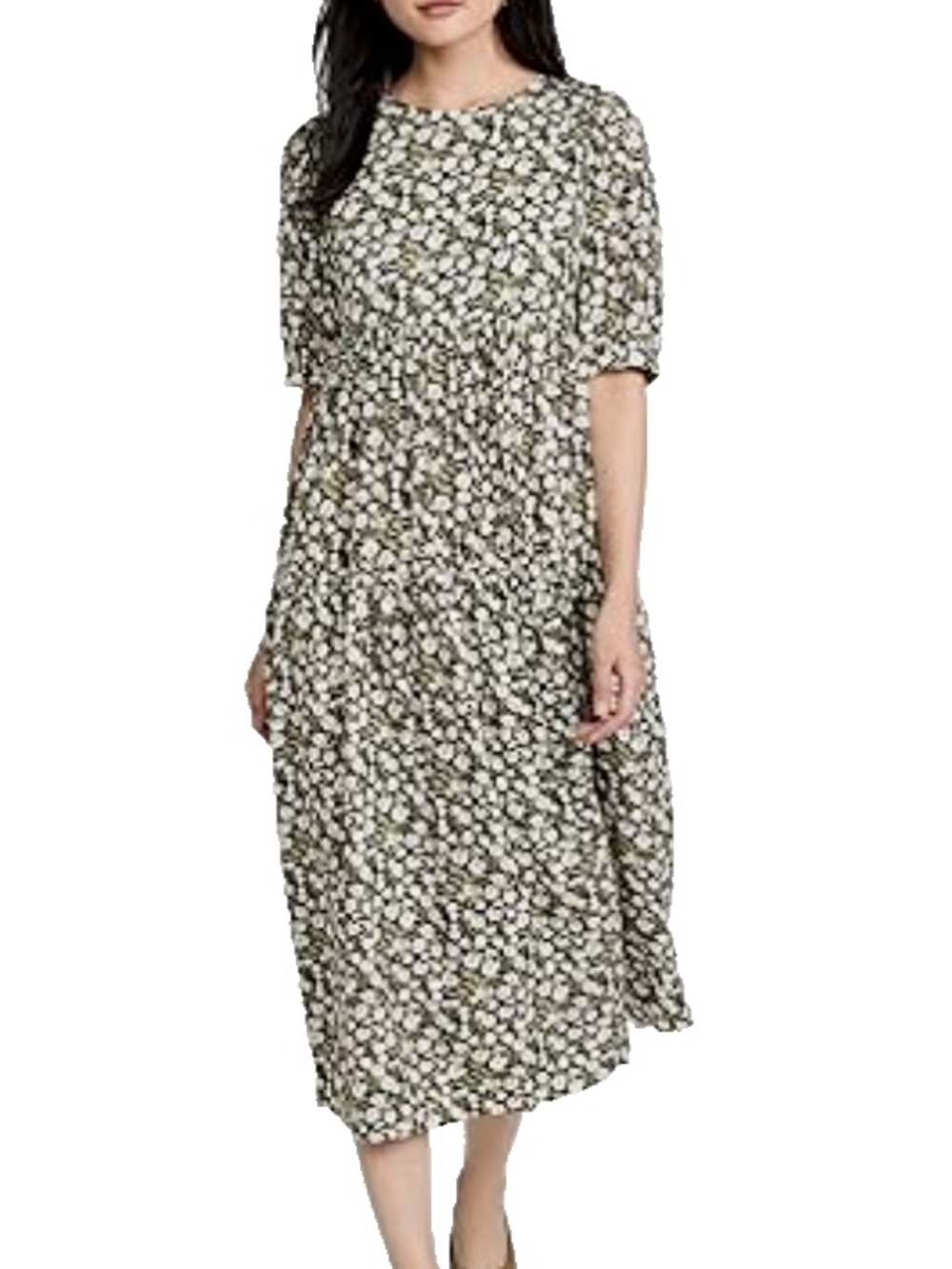 En Saison Olive and White Floral Tiered Midi Dress